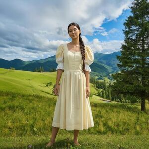 Kruger Dirndl Dress Size 40 US 12 Yellow Stripe Puff Sleeve Milkmaid Octoberfest